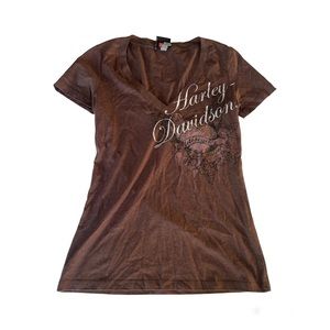 Harley Davidson Brown V Neck T Shirt Boston MA Graphic Rhinestone Gems Medium